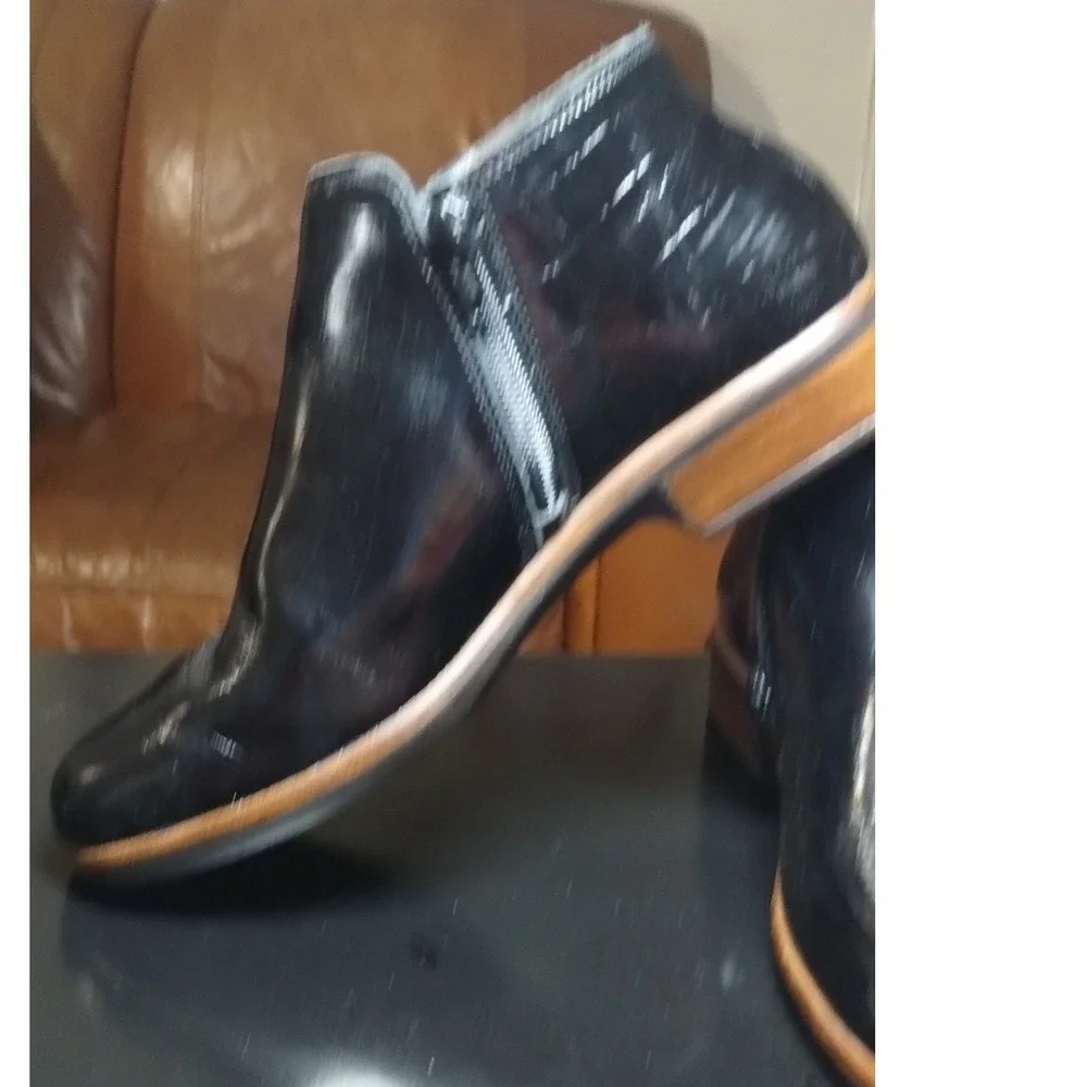 Naot Black Croc Embossed Leather Dual Zip Ankle Boots Round Toe Low Heel